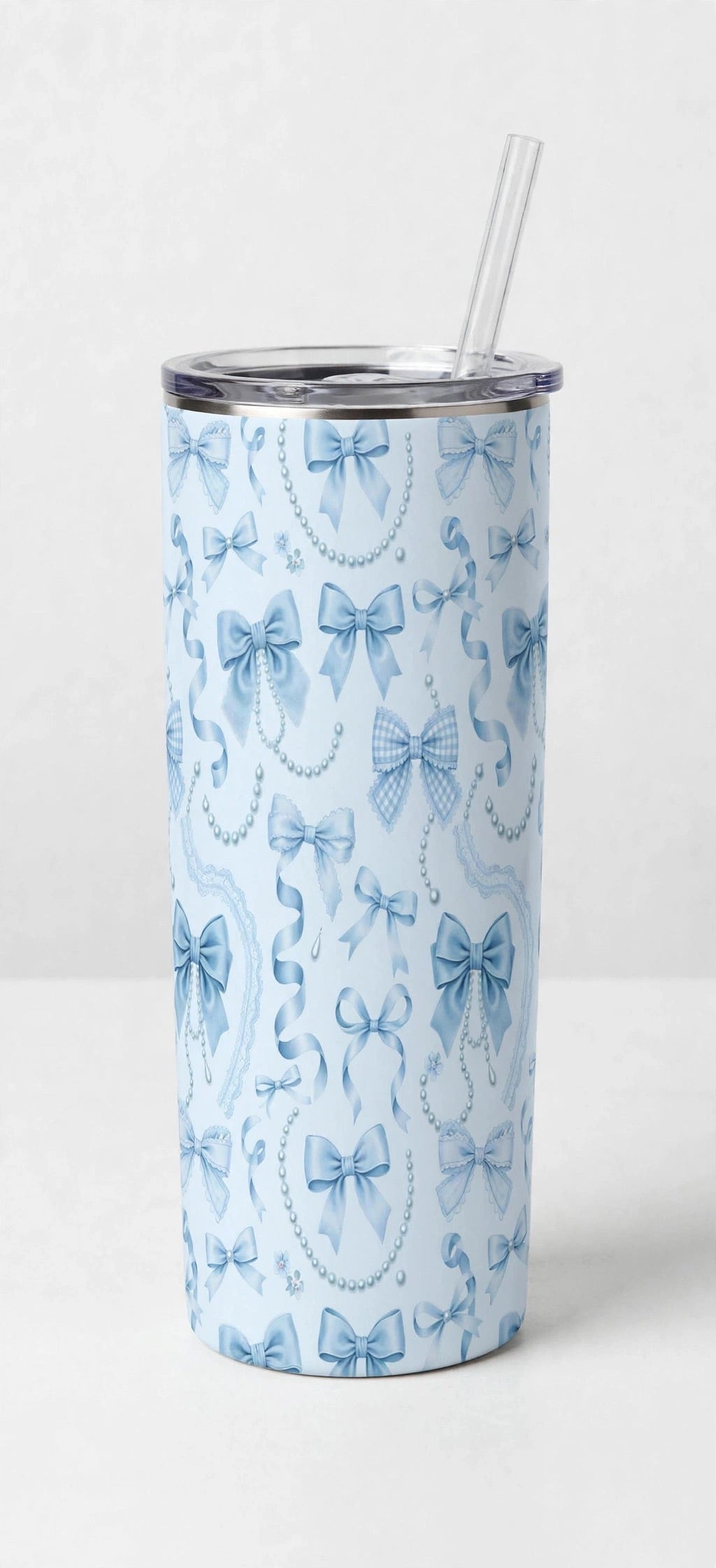 20oz Blue Bow Tumbler - Light Blue Coquette Pattern