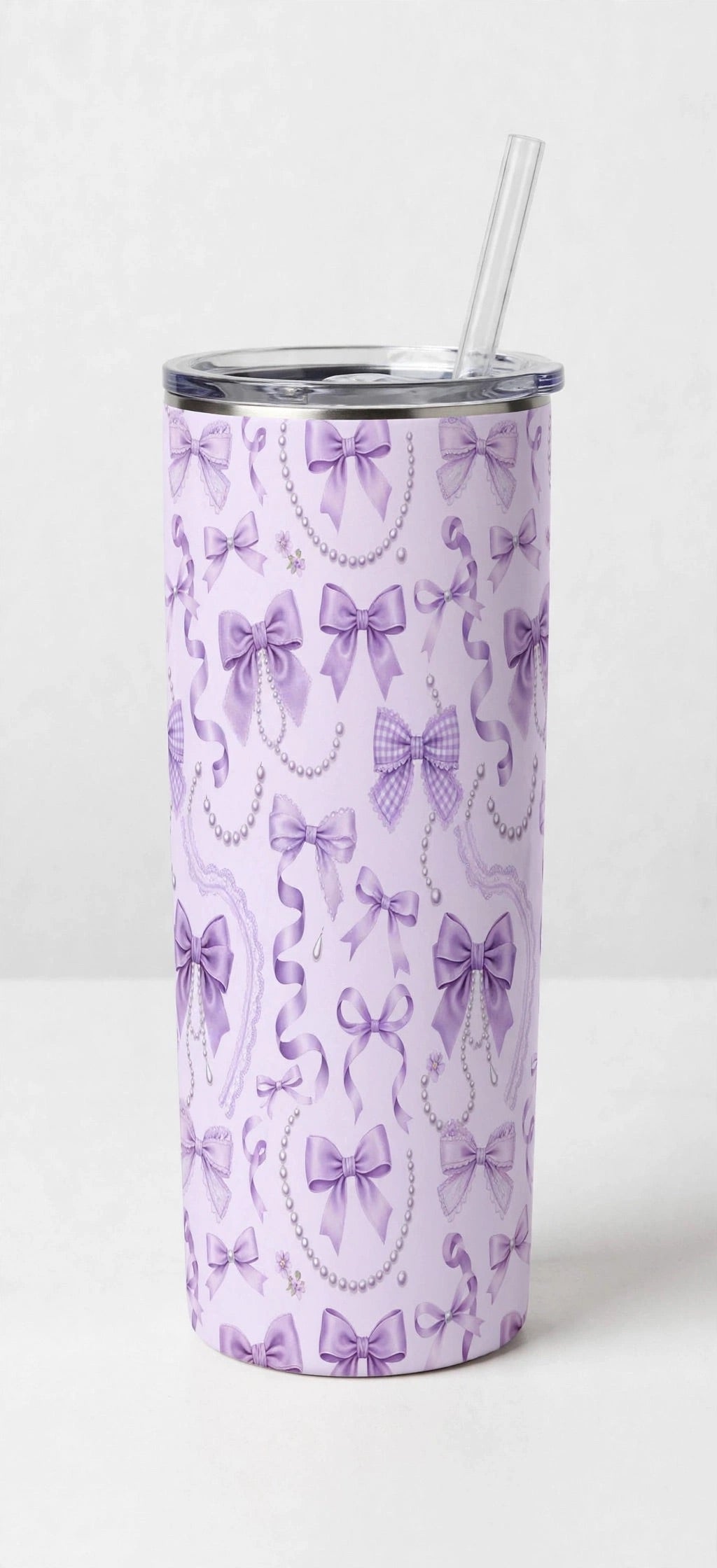 20oz Purple Bow Tumbler - Lavender Coquette Bow Pattern - Insulated Coffee Cup