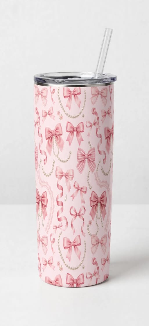 20oz Pink Bow Pattern Tumbler — Cute Ribbon & Pearl Travel Cup